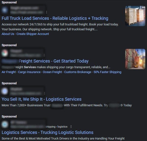 Google search results for "logistics services" showing four PPC search ads