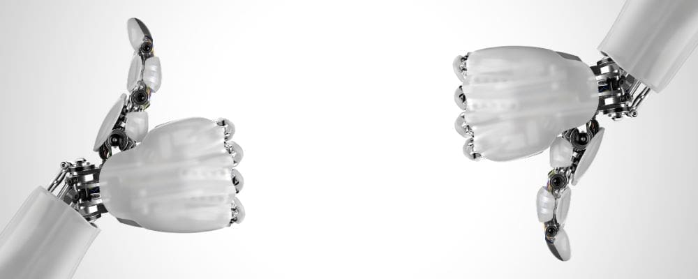 robots giving thumbs up and thumbs down - benefits and drawbacks of AI in digital marketing