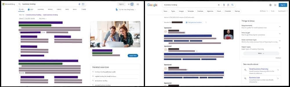 Side-by-side comparison of user view microsoft search ads vs google search ads