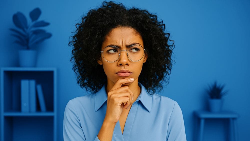 How to Master Ad Rotation in PPC and Boost Performance - Woman thinking; blue background