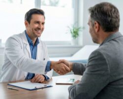 Doctor shaking hands with a male patient during a consultation in a modern medical office, symbolizing trust and agreement
