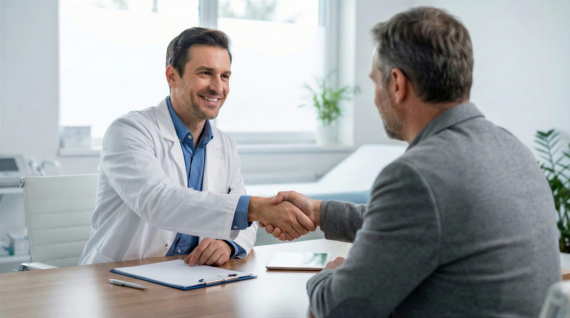 Doctor shaking hands with a male patient during a consultation in a modern medical office, symbolizing trust and agreement