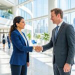 Smiling attractive executive managers exchange respectful formal greetings, solidifying trustful commercial connections, finalizing lucrative contracts within luxurious corporate workspace