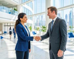 Smiling attractive executive managers exchange respectful formal greetings, solidifying trustful commercial connections, finalizing lucrative contracts within luxurious corporate workspace