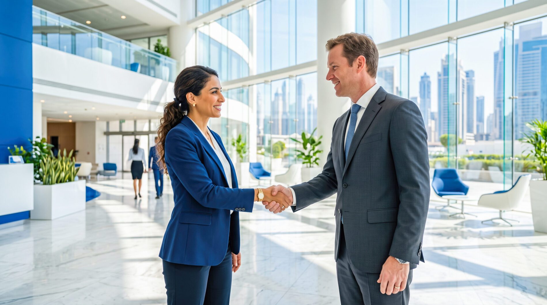 Smiling attractive executive managers exchange respectful formal greetings, solidifying trustful commercial connections, finalizing lucrative contracts within luxurious corporate workspace