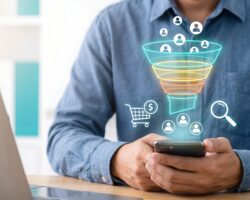 digital marketing sales funnel and customer conversion concept with man using smartphone showing lead generation online shopping targeting and audience segmentation for business growth strategy