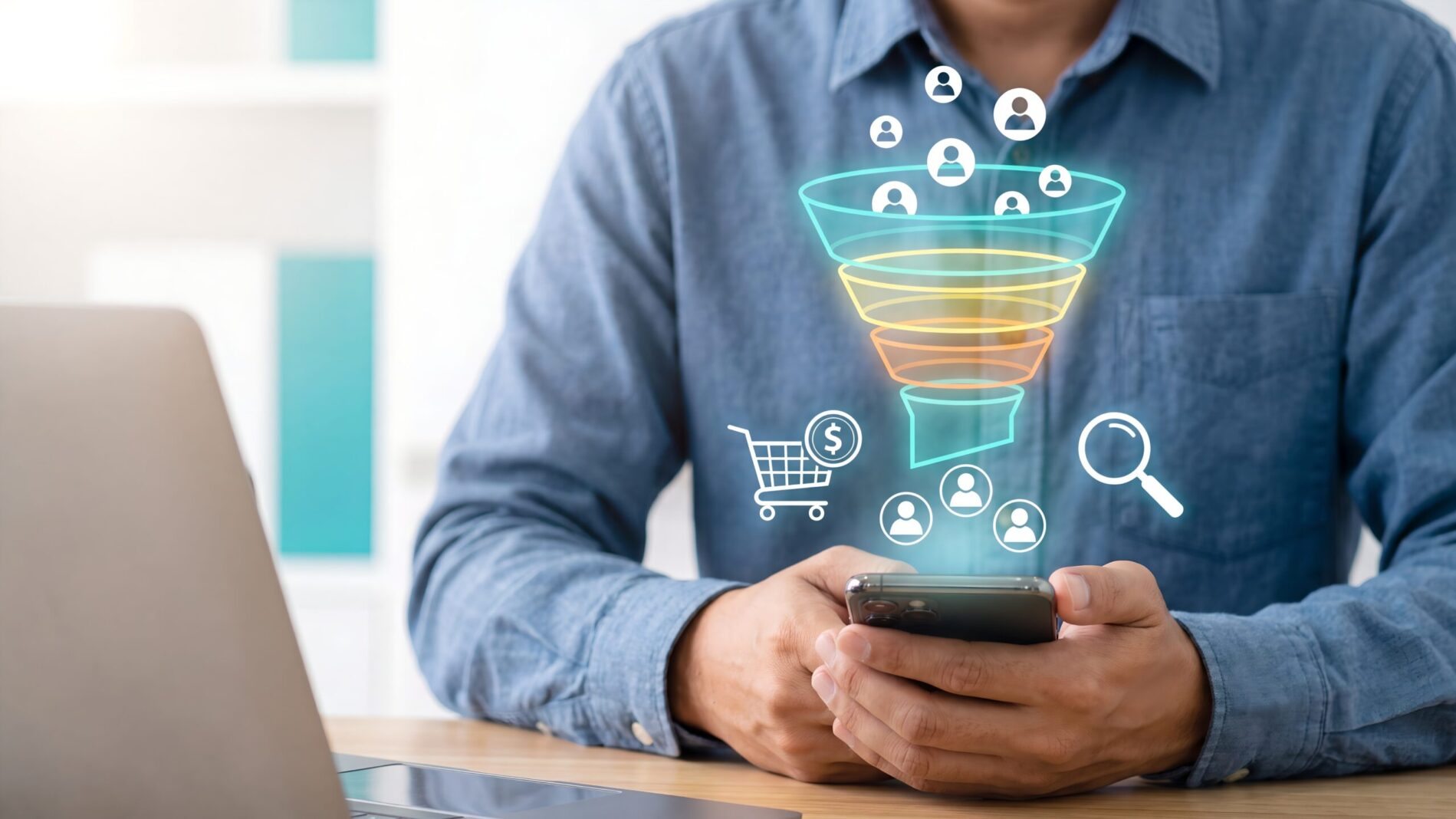 digital marketing sales funnel and customer conversion concept with man using smartphone showing lead generation online shopping targeting and audience segmentation for business growth strategy