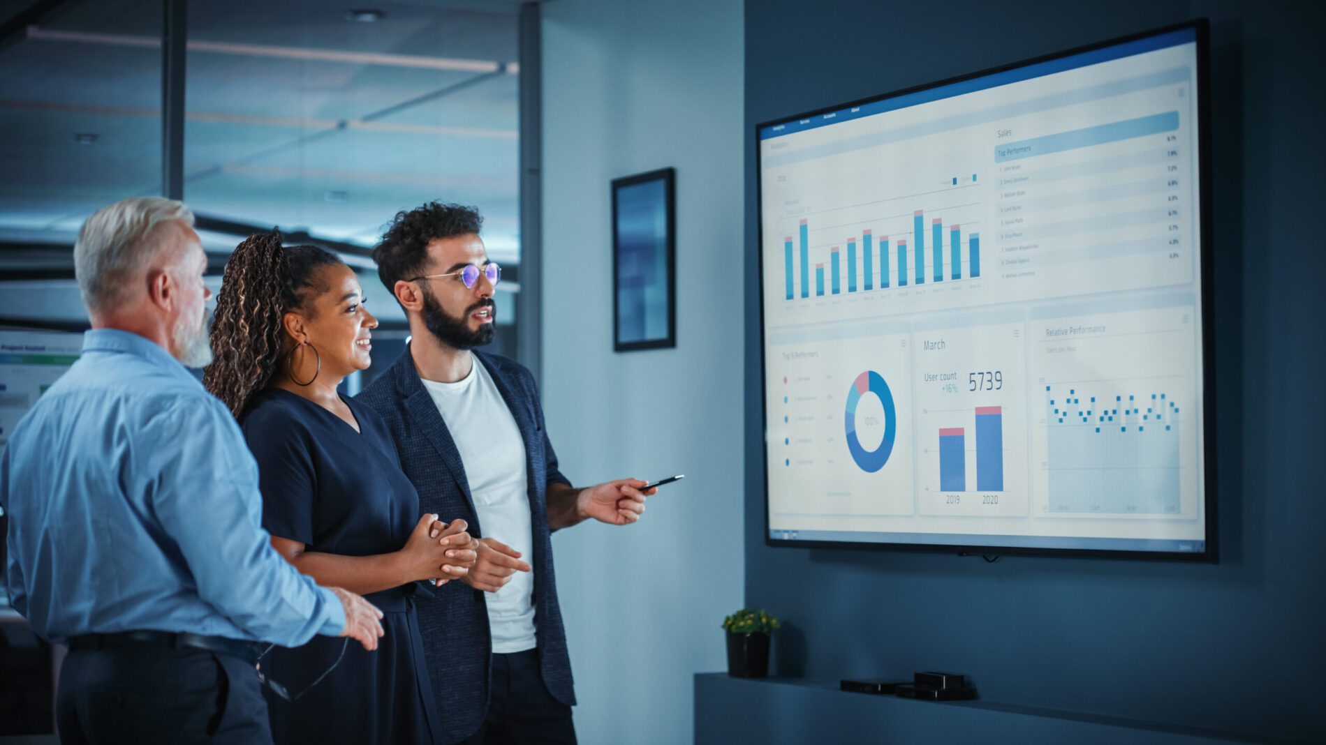Company Operations Manager Holds Meeting Presentation. Diverse Team Uses TV Screen with Growth Analysis; Charts; Statistics and Data. People Work in Business Office.